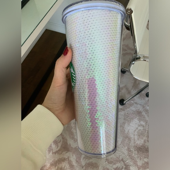STARBUCKS Pink & White Sequin Glitter Cold Cup Tumbler Holiday 2020 - 24oz - Picture 3 of 11